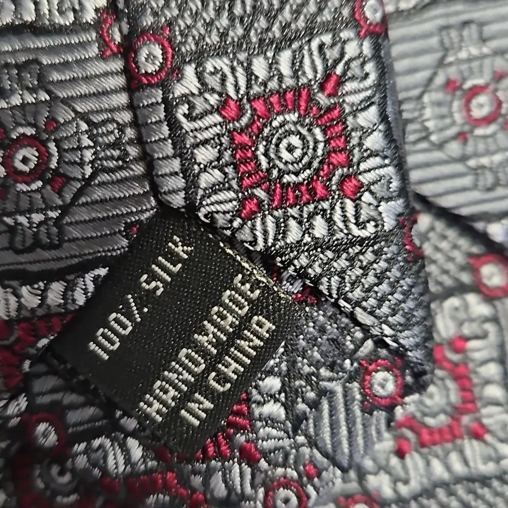 Jos A Bank Silk Gray & Red Patterned Statement Tie Necklace With Silver Tone Pin